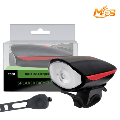 كشاف ومصباح أمامي للدراجة الهوائية MOB مع بوق سبيكر وشحن يو إس بي 7588 - MOB Speaker Bicycle Light Micro USB Charging 7588